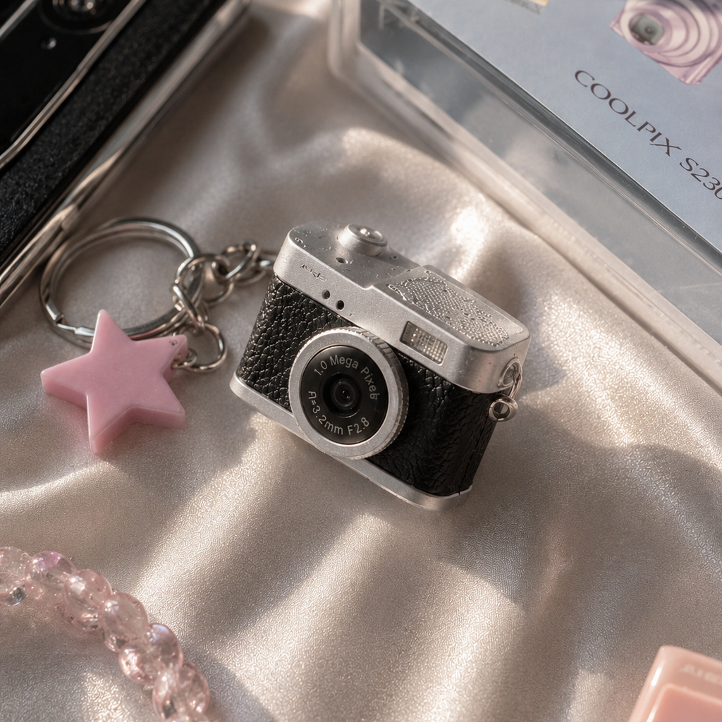 Camera-shaped keychain with pink star charm on a reflective surface