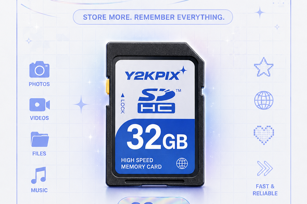 Y2KPIX 32GB SD memory card on a white background with brand logo and features.