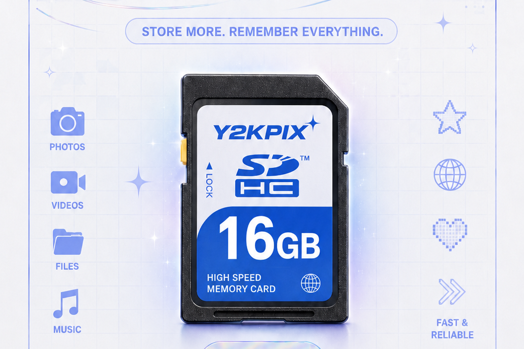 Y2KPIX 16GB SDHC memory card with branding and features on a light blue background